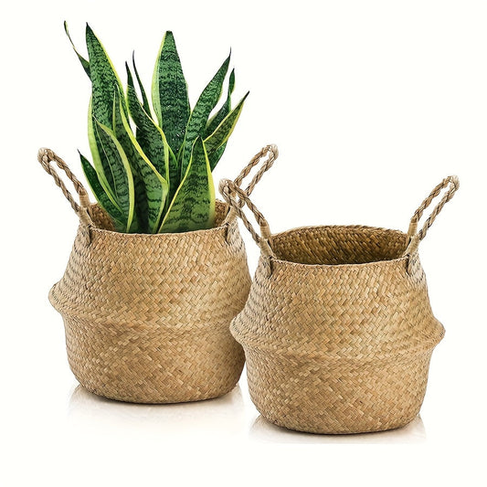 Rattan Bamboo Storage Baskets 2-Pack with Handles, Foldable 12.6 x 11.02-Inch Handheld Organizers