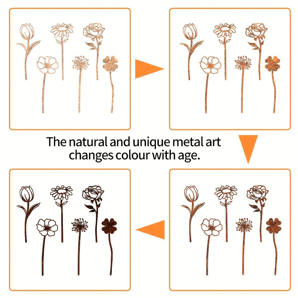 Rustic Flat Metal Flower Garden Stakes, Six-Piece Rose, Daisy and Botanical Set for Pots and Borders