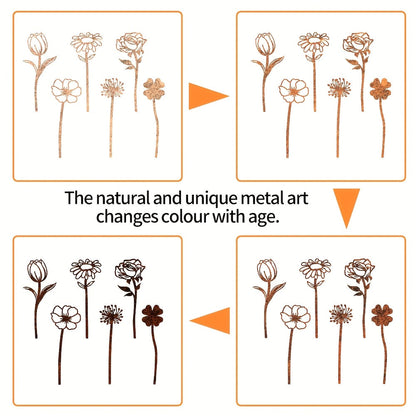 Rustic Flat Metal Flower Garden Stakes, Six-Piece Rose, Daisy and Botanical Set for Pots and Borders