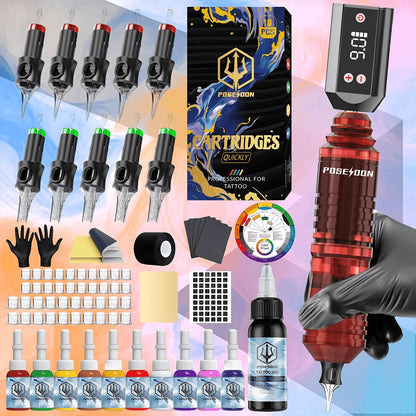 Wireless Tattoo Pen Kit Cordless Tattoo Gun with Power Supply 10 Cartridge Needles 6 Color Inks LCD Screen – Complete Rotary Tattoo Machine Set for Beginners & Professional Artists Home Studio