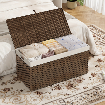 Large Storage Basket with Lid & Handles - 220L Handwoven Wicker Blanket Basket, Metal Frame, Soft Lining, Foldable for Bedroom, Laundry Room & Living Room