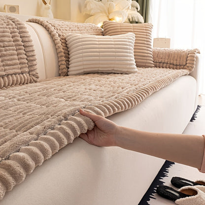 Wavy-Edge Plush Sofa Cushion Cover in Four Colors with Single-, Two-, Three- or Four-Seat Sizes