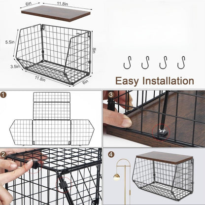 Wall-Mounted Fruit Basket with Wooden Cover - 2-Tier Metal Kitchen Storage Basket with Hooks, Stackable Hanging Organizer for Potatoes Onions Vegetables