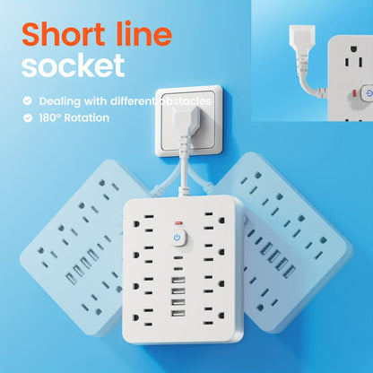 Power Strip 14-in-1 Flat-Plug Surge Protector with 8 AC Outlets, 4 USB-A, 2 USB-C and Black or White Finish