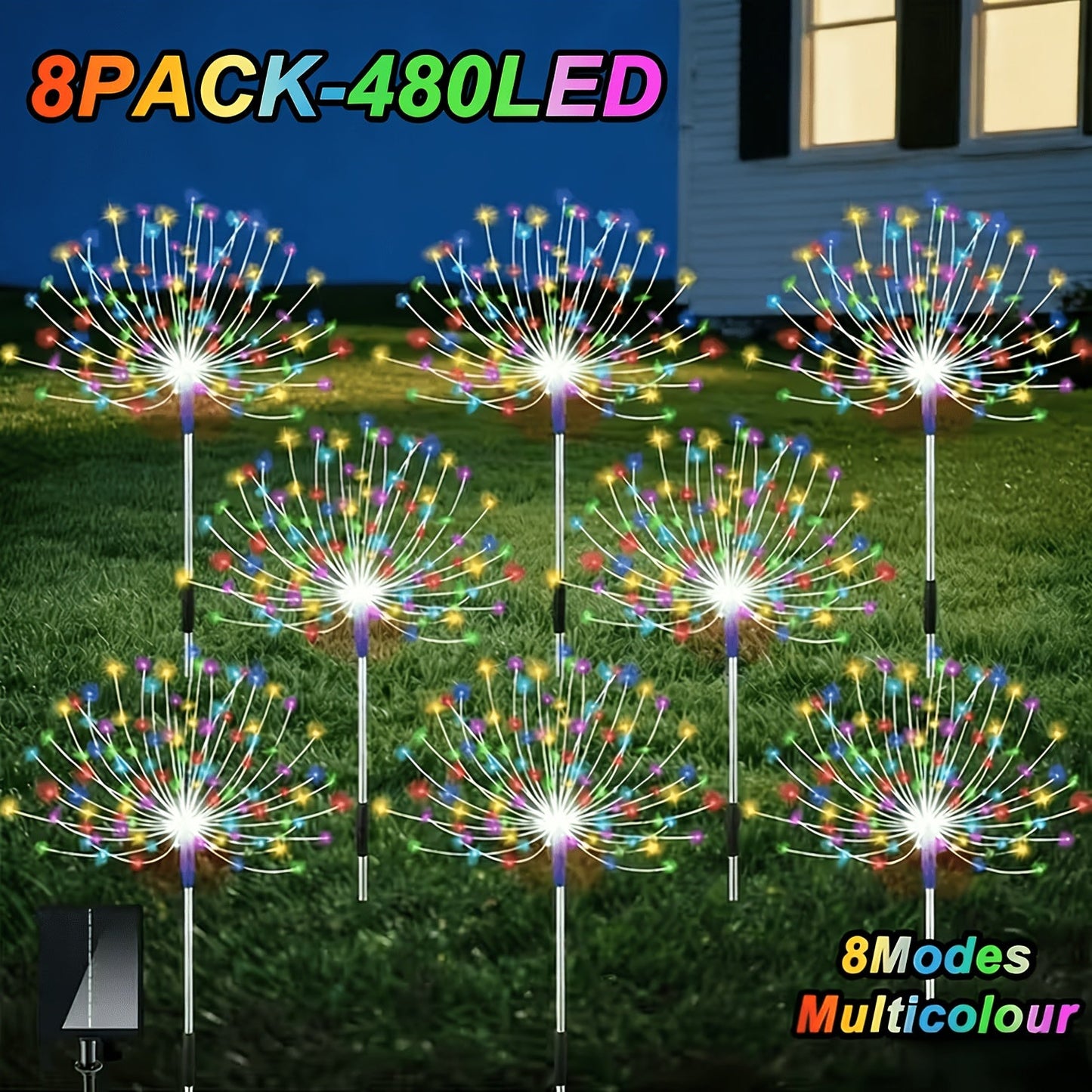 Solar Fireworks Lights 480 LED 8-Pack, IPX4 Waterproof 8 Modes