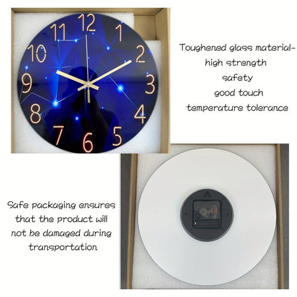 Blue Glass-Face Wall Clock with Gold-Tone Numerals, Quartz Movement and Five Diameter Options from 12 to 24 Inches