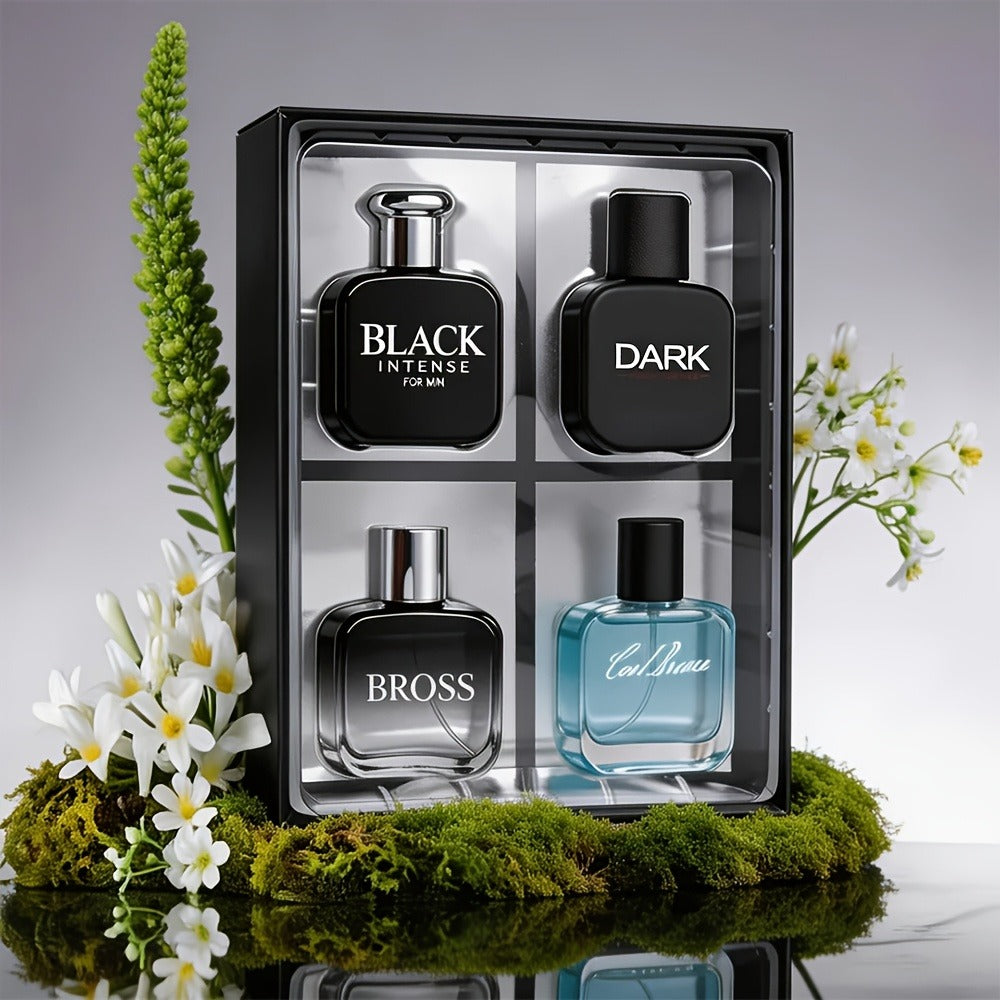 Perfume Gift Set for Men with Four 30ml Eau de Parfum Bottles, 1.5oz Body Mist and Black Box