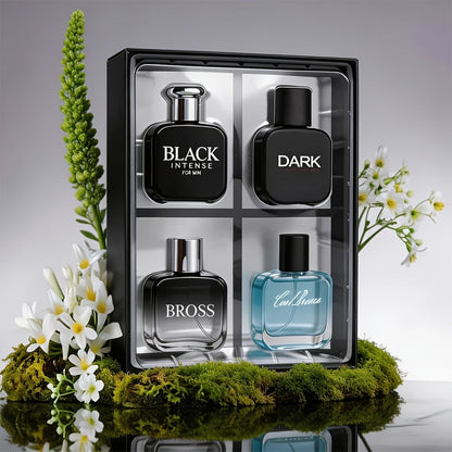 Perfume Gift Set for Men with Four 30ml Eau de Parfum Bottles, 1.5oz Body Mist and Black Box