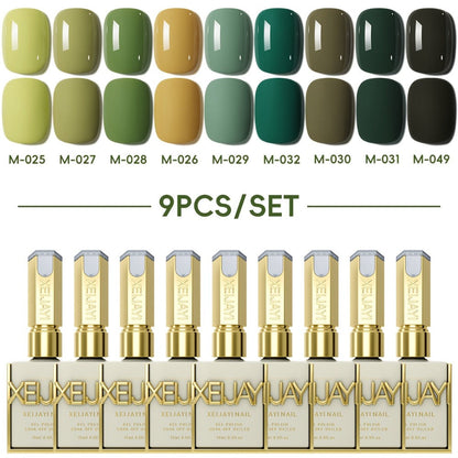 Gel Nail Polish Set with XEIJAYI Label, 9 Green Forest Colors in 0.51oz Photo Frame Bottles