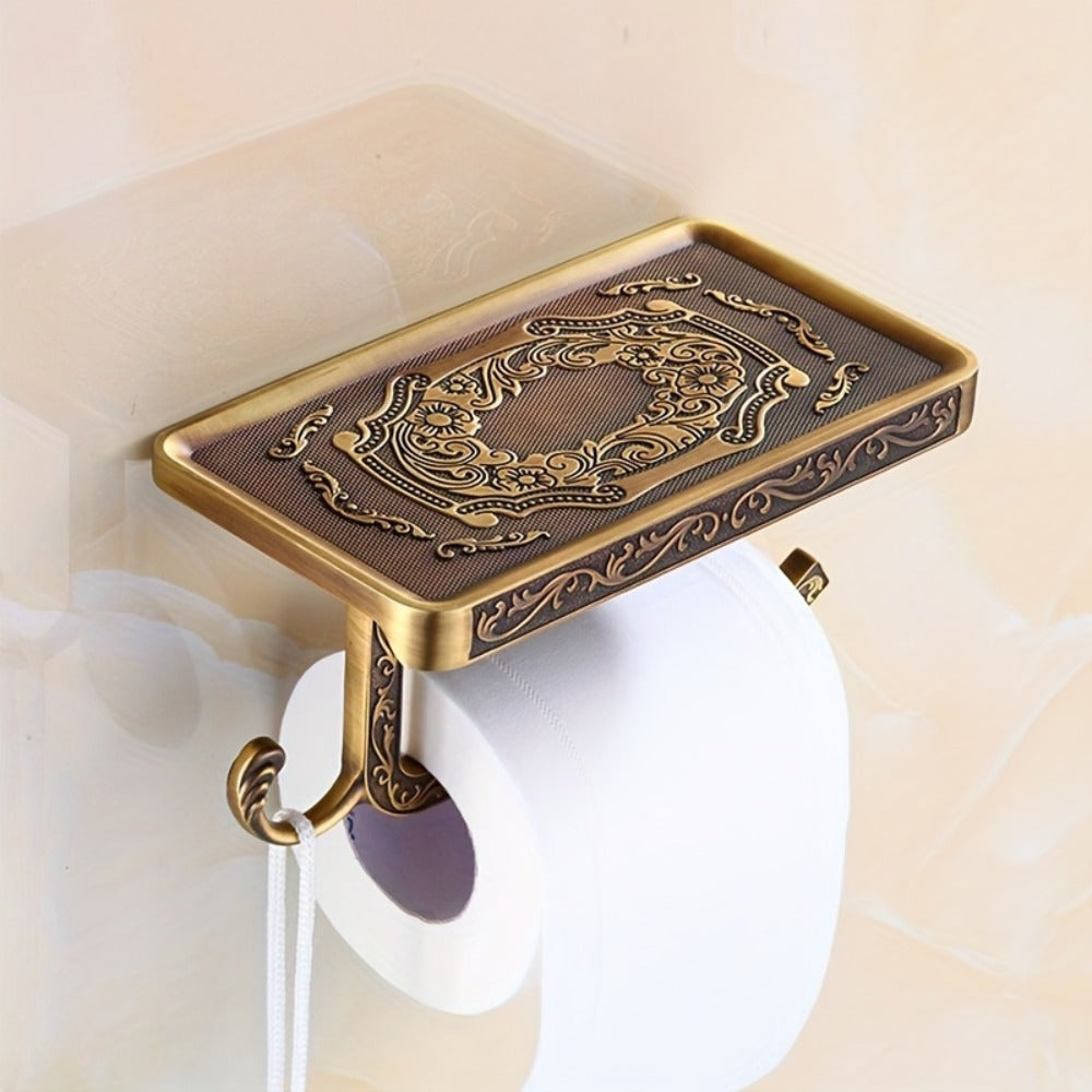 Golden Wall-Mounted Toilet Paper Holder with Embossed Vintage-Style Shelf, Roll Bar and Side Hook