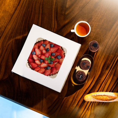 Cake Boxes 10 Sets 10x10x5 Inch White Square Bakery Boxes with Window Red Ribbon and Round Cake Boards for Birthday Party Wedding Holiday Baking Gift Packaging