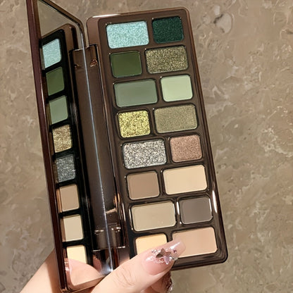 16-Color Eyeshadow Palette – Smoky Retro Matte Glitter & Pearlescent Shades, Gray Green Earthy Tones with Highlight & Blush, Compact Travel-Friendly Makeup Palette for Women