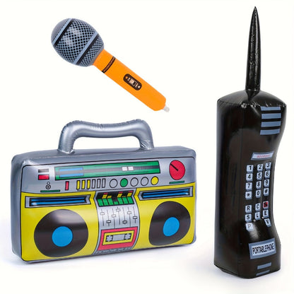 Inflatable Retro Party Props, 3-Piece Boombox, Microphone and Phone Set for 1980s Photo Booth Decor