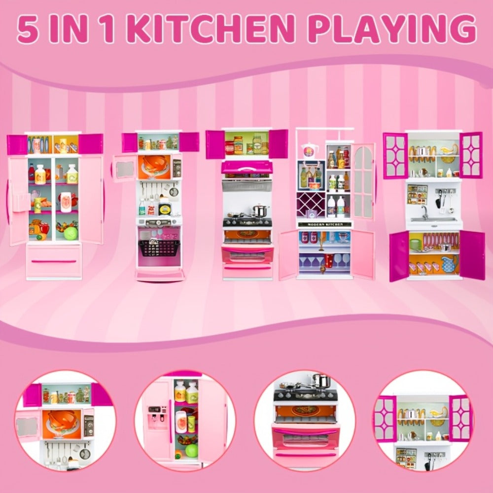 64-Piece Pink Pretend Kitchen Play Set with Light and Sound Features in a 58 x 42.5cm Mini Format