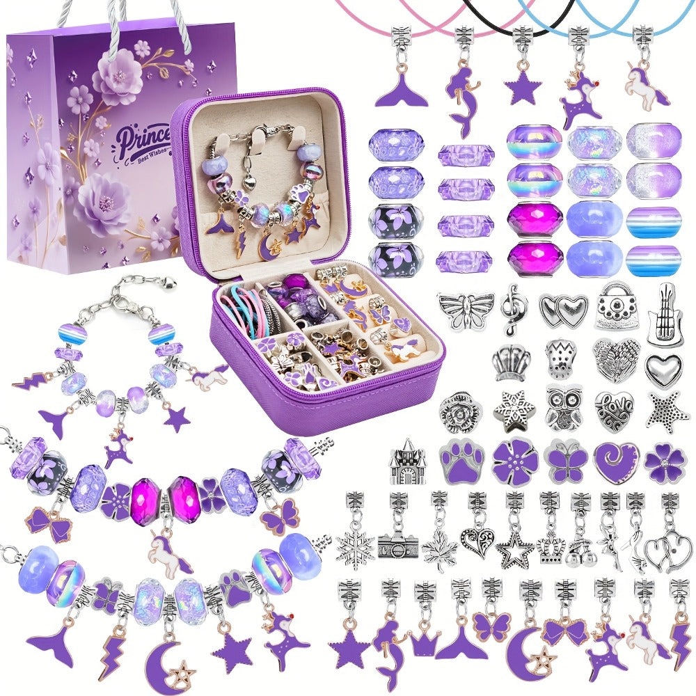 Bracelet Making Craft Kit with Portable Jewelry Box, Beads and Charms in Seven Color or Theme Options