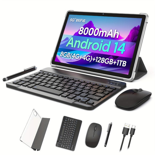 Android Tablet 10 or 11-Inch with Android 14, 8GB Total RAM, 128GB Internal Storage and 8000mAh Battery