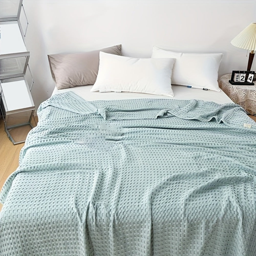 Cotton Waffle Blanket – Pure Cotton Multilayer Summer Cooling Quilt, Jacquard Knit, Machine Washable, Air Conditioning Blanket