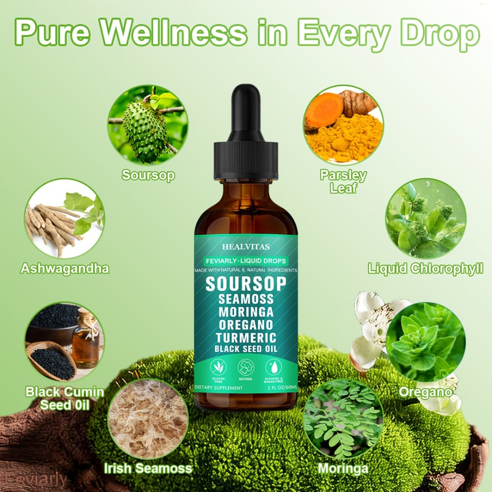 Soursop Bitters Liquid Drops 10-in-1 with Sea Moss Moringa Turmeric Black Seed Oil Oregano for Bath Time, Home Spa and Personal Care