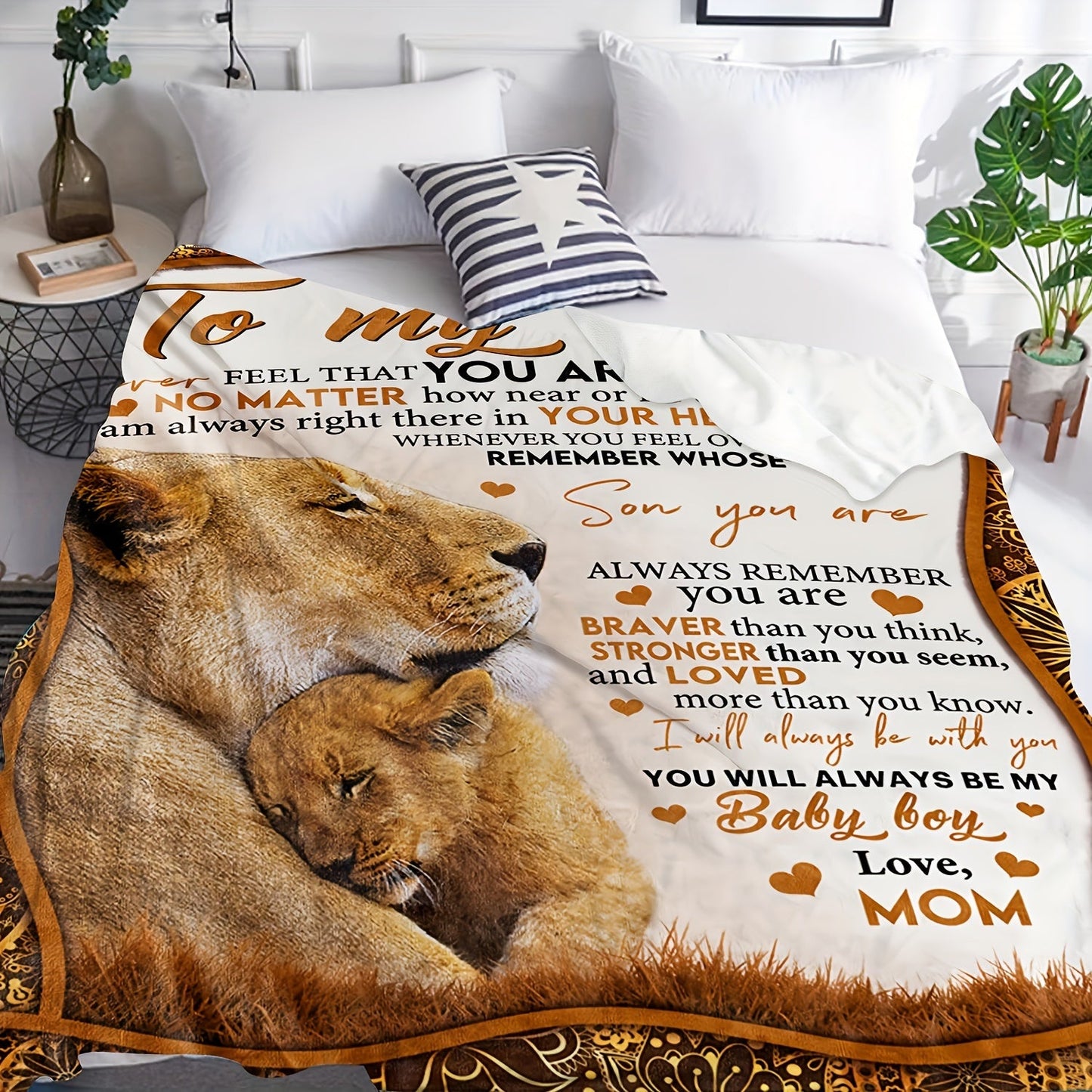 Lion Artwork Throw Blanket with To My Son Message from Mom in 50 x 60 or 60 x 80-Inch Sizes