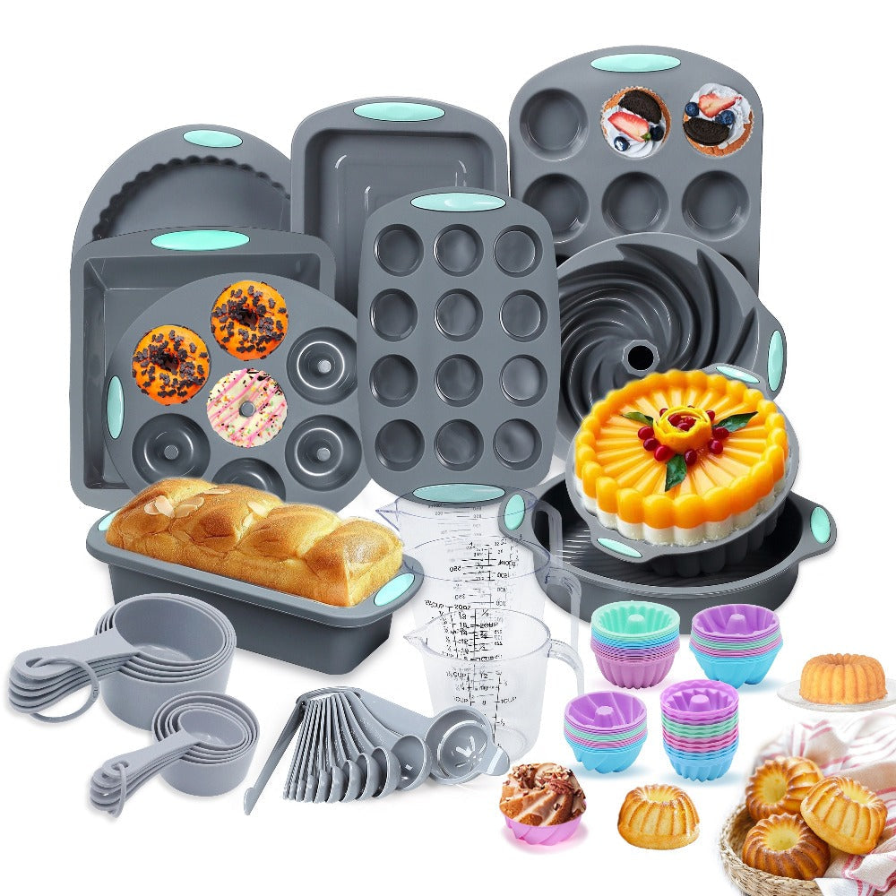 Silicone Bakeware Set with Cake Molds, Muffin Pan, Donut Pan, Baking Sheet, Baking Cups & Measuring Cups Spoons