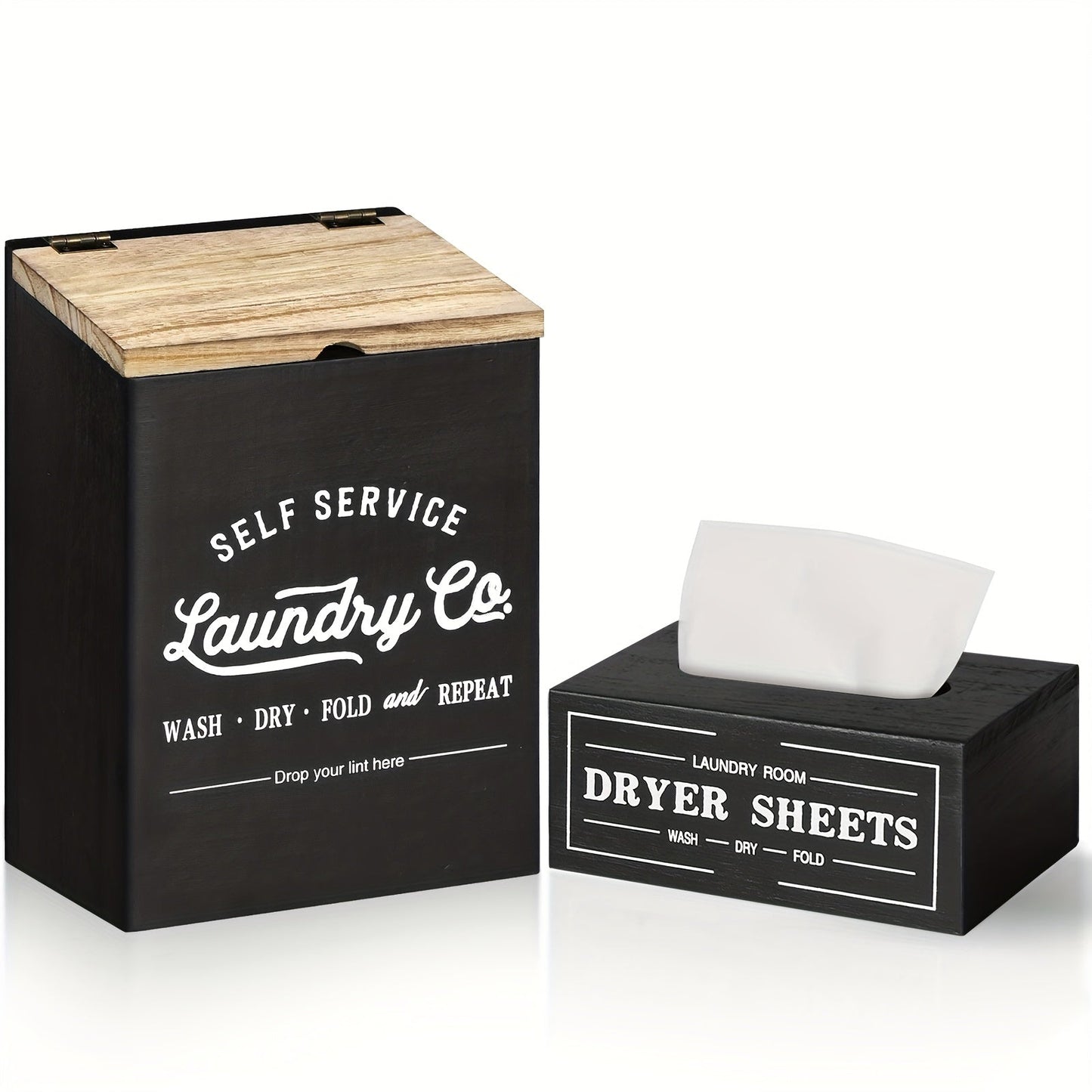 Magnetic Lint Holder & Dryer Sheet Dispenser 2-Pack, Farmhouse Wooden Lint Trash Can with Lid for Dryer, Wall Mount Dryer Sheet Box Organizer for Laundry Room Decor, Magnetic Laundry Organizer Set