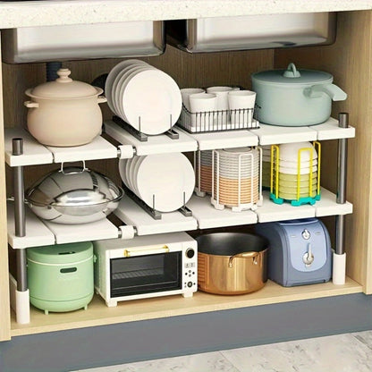 Adjustable Under-Sink Organizer with White Single-Layer Sliding Panels, Metal-Look Supports and Central Plumbing Gap