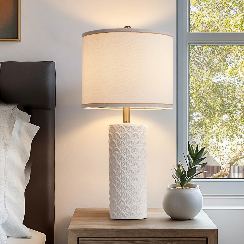 Ceramic Table Lamp – Modern Farmhouse Bedside Lamp with Drum Shade, 3 Color Temperature, Knob Switch, 9W LED Bulb Included, Rustic Nightstand Desk Light for Bedroom Living Room Office Dorm (Multiple Colors)