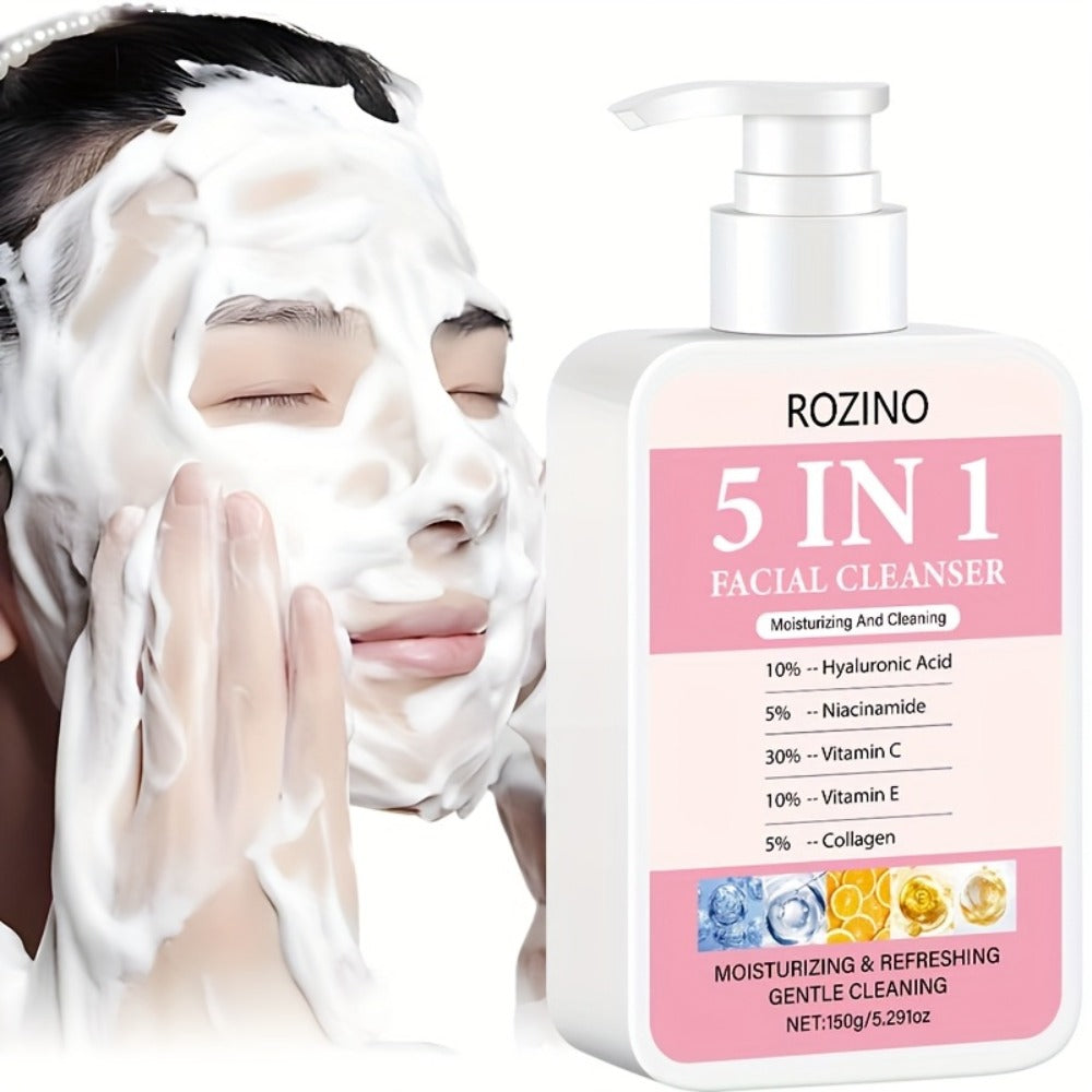 Brightening Face Wash 5-in-1 with Hyaluronic Acid Niacinamide Vitamin C Vitamin E & Collagen - Rich Foam Deep Cleansing Moisturizing Glow Facial Cleanser for Women 150g