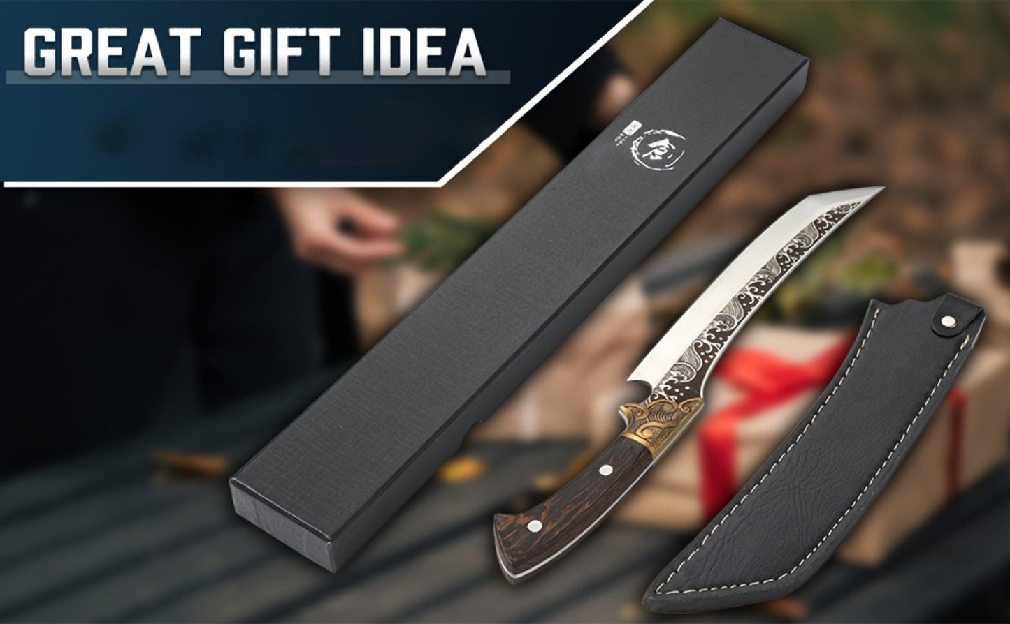 8.86-Inch Carving Knife with Patterned High-Carbon Steel Blade, Full-Tang Wood-Look Handle and Brown Sheath