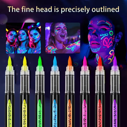 Neon Body Face Paint Pens Set of 8 – Glow-in-the-Dark UV Reactive Markers for Temporary Tattoos, Party Makeup, Mardi Gras, Music Festivals, Masquerade & Halloween