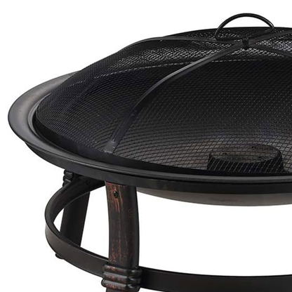 29.3-Inch Round Fire Pit Bowl with Domed Mesh Cover, Four-Leg Stand and Long Poker in Black