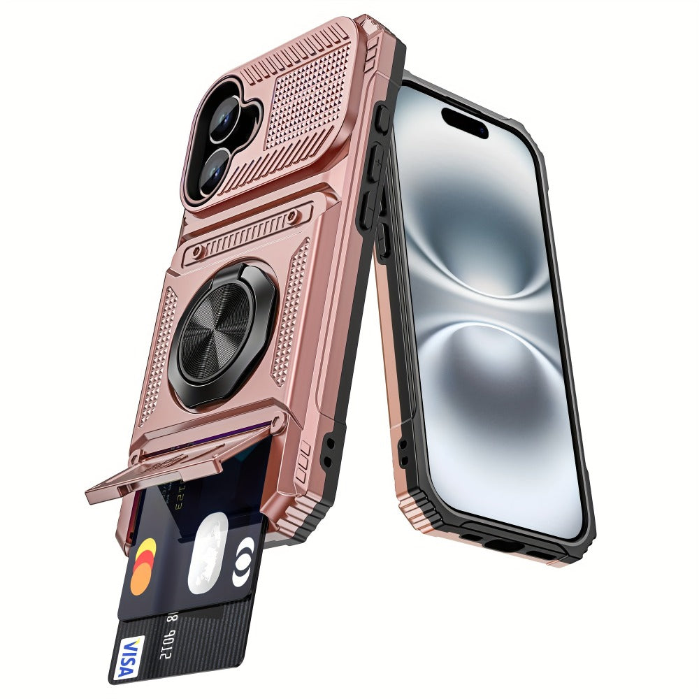 Phone Case Dual-Card Hard Shell Cover with 360° Metal Ring Kickstand for Select iPhone 7–17 Models