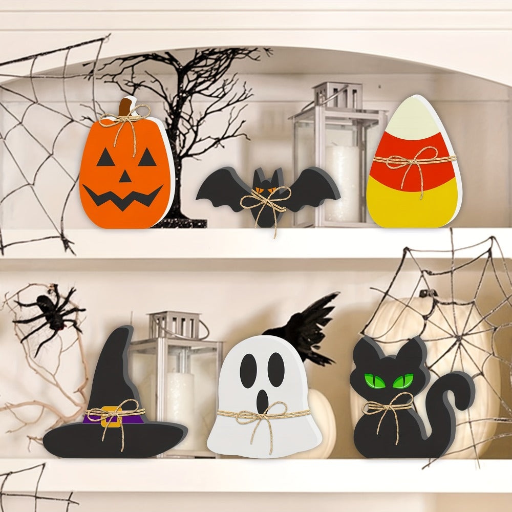 Halloween Wooden Decorations Set of 6 – Freestanding Rustic Table Signs with Pumpkin, Ghost, Bat, Black Cat, Witch Hat & Candy Corn, Farmhouse Tiered Tray & Mantle Decor