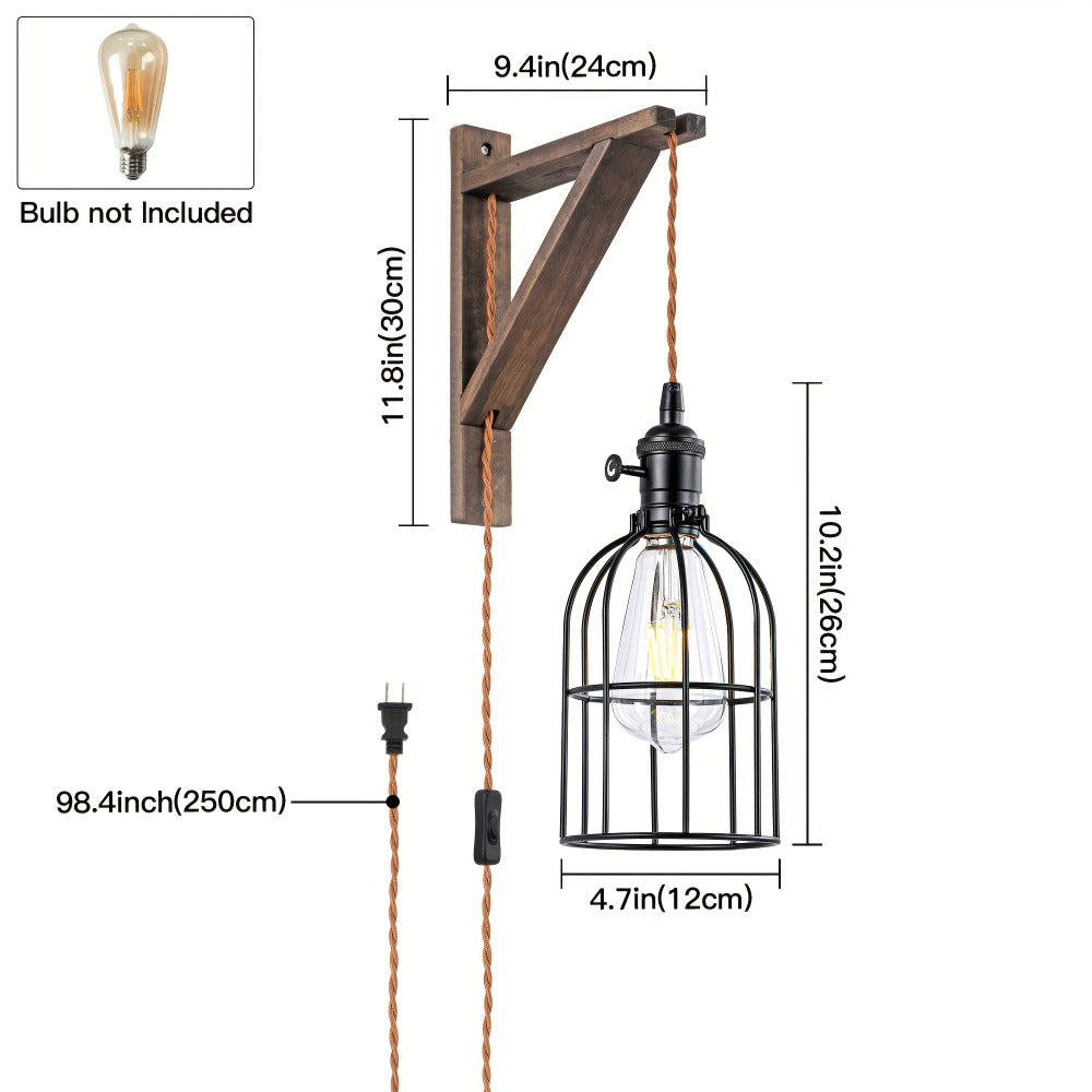 Plug-In Cage Wall Sconce with Wooden Bracket, 250 cm Cord and Single or Two-Piece Farmhouse Options