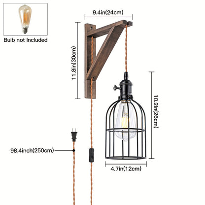 Plug-In Cage Wall Sconce with Wooden Bracket, 250 cm Cord and Single or Two-Piece Farmhouse Options