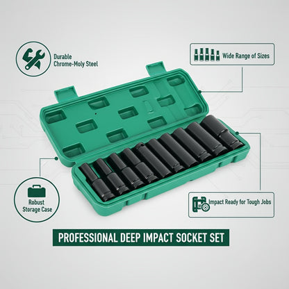 1/2 Inch Deep Impact Socket Set – Chrome Vanadium Steel for Tire Removal, Mechanical Repairs & Car Maintenance | Compatible with Electric & Pneumatic Impact Drills | Green & Black Case