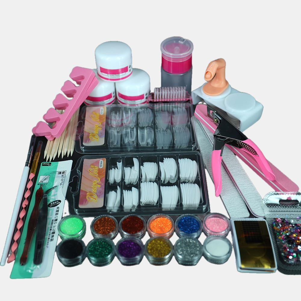 Acrylic Nail Powder Kit 12 Colors Glitter – Complete Beginner Nail Extension Tool Set with Nail Plate, Press Bottle & Extension Paper Holder for Salon & DIY Home Nail Art