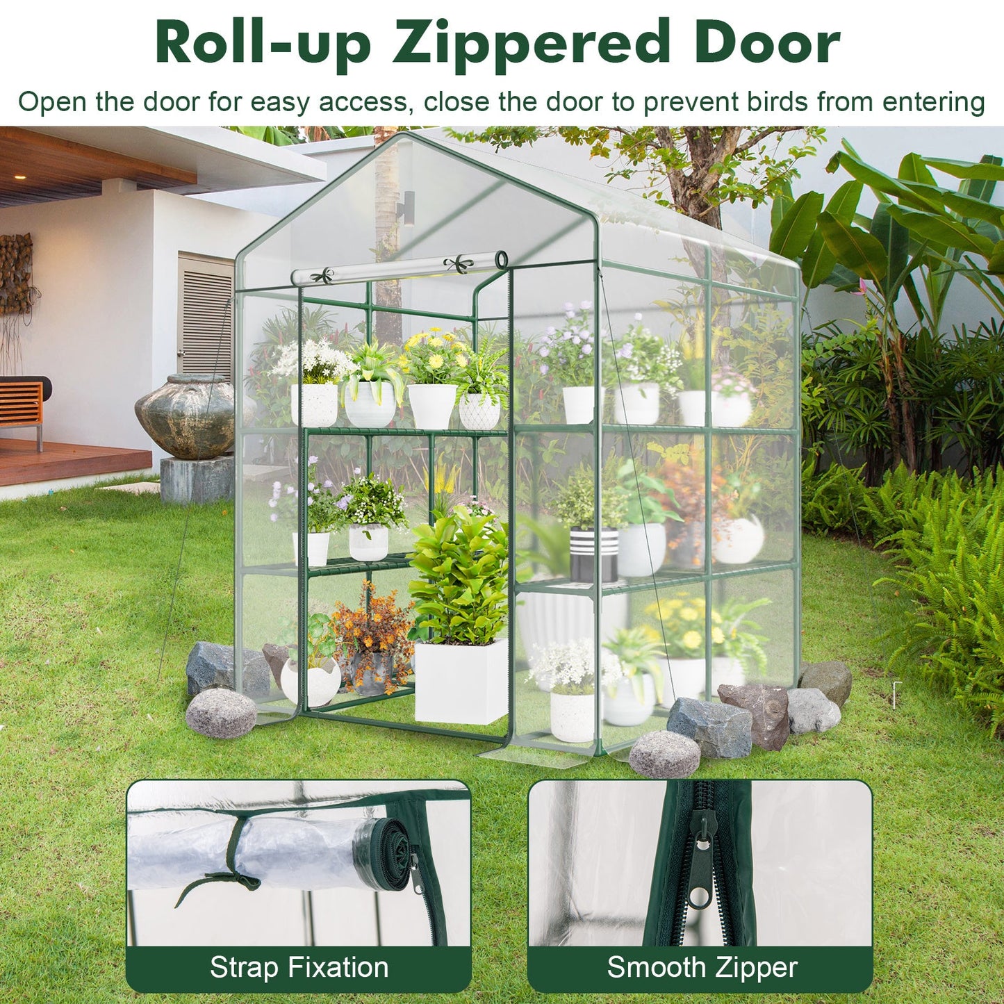 55 x 57 x 77-Inch Walk-In Greenhouse with Transparent Cover, Roll-Up Door and Eight Side Shelves