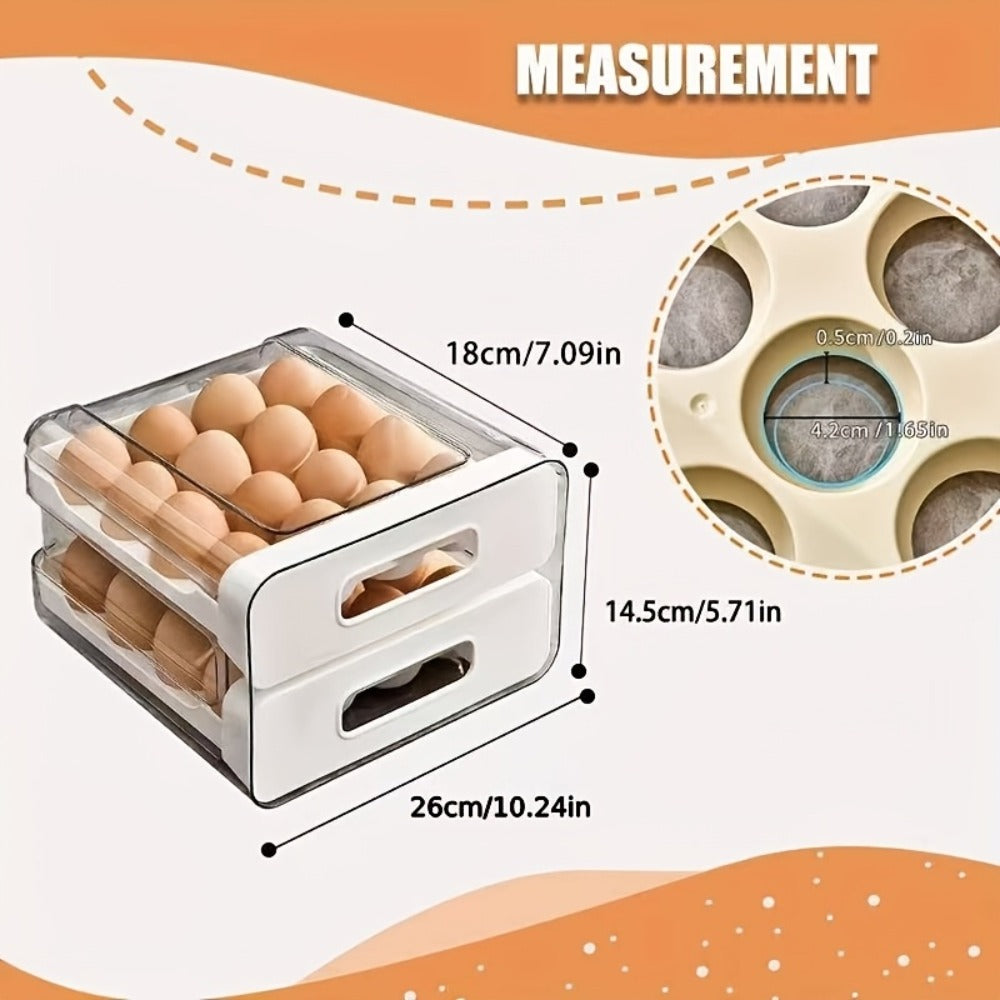 White Double-Layer Refrigerator Egg Storage Drawer with 32-Grid Tray and Clear Stackable Cover