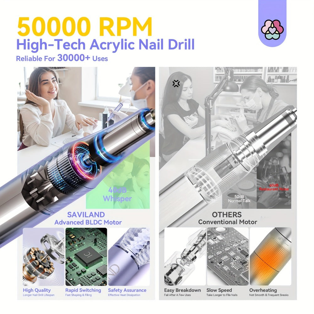 Electric Nail Drill SAVILAND Purple 50,000 RPM Rechargeable E-File with Display, Forward-Reverse and Accessory Kit