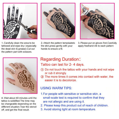 Tattoo Stencil Kit with Brown Paste Ink & Flash Spray, Pre-Cut Hollow Template DIY Freehand Henna Style