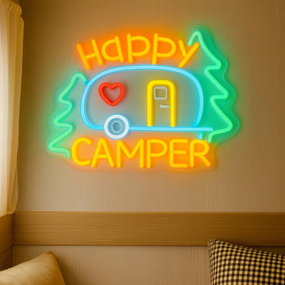 Happy Camper Multicolor LED Neon Sign with RV Motif, 32.5 x 27 cm Panel and Wall-Mount Display