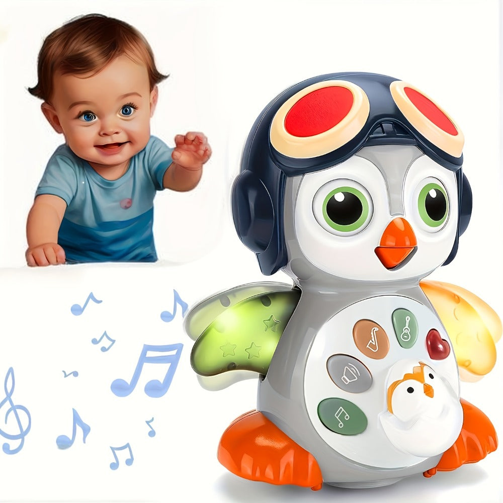 Musical Crawling Penguin Toy with Light-Up Wings, Moving Eyes and Four Front Control Buttons
