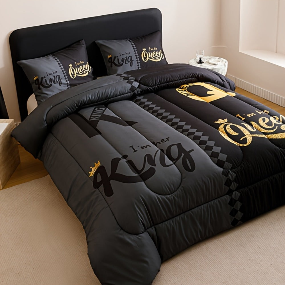King and Queen Crown Print Comforter Set in Black or Red with Twin, Full, Queen and King Sizes