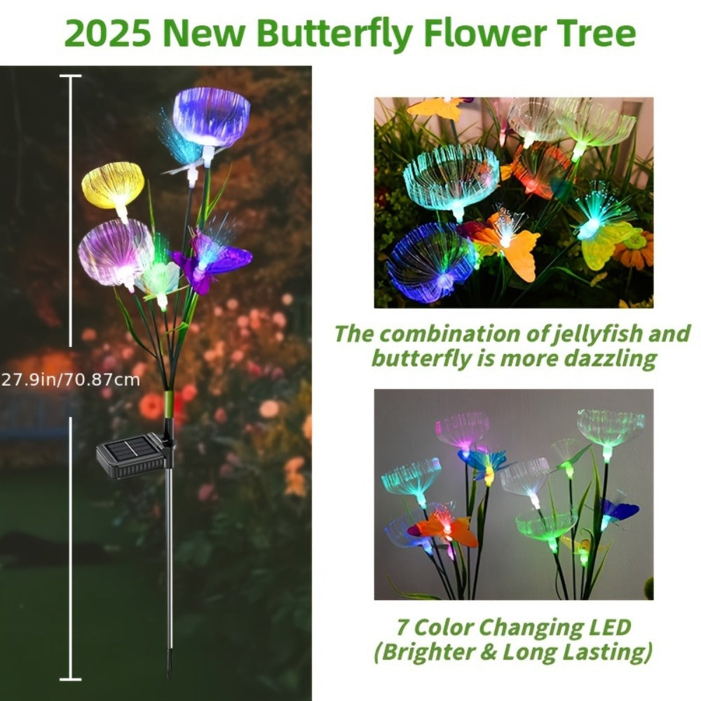 Solar Garden Lights 4-Pack, Fiber Optic Jellyfish Butterfly Stake Lights with 7-Color Changing LED & IP65 Waterproof — Solar Outdoor Lights for Garden Path, Yard, Patio & Holiday Decor