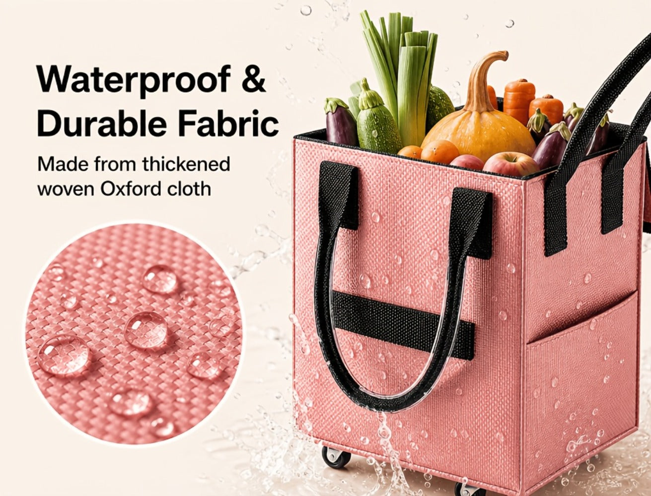 60 L Rolling Grocery Bag with Wheels in Black or Rose Gold for Shopping, Travel and Utility Use