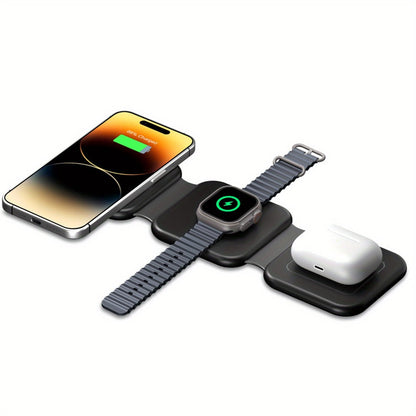 MagSafe Compatible Foldable Charging Station 3-in-1 15W – Travel Wireless Charger for iPhone 17 Air 16 15 14 13 12 Pro Max, Apple Watch Ultra Series 11 10 SE & AirPods Pro | Black