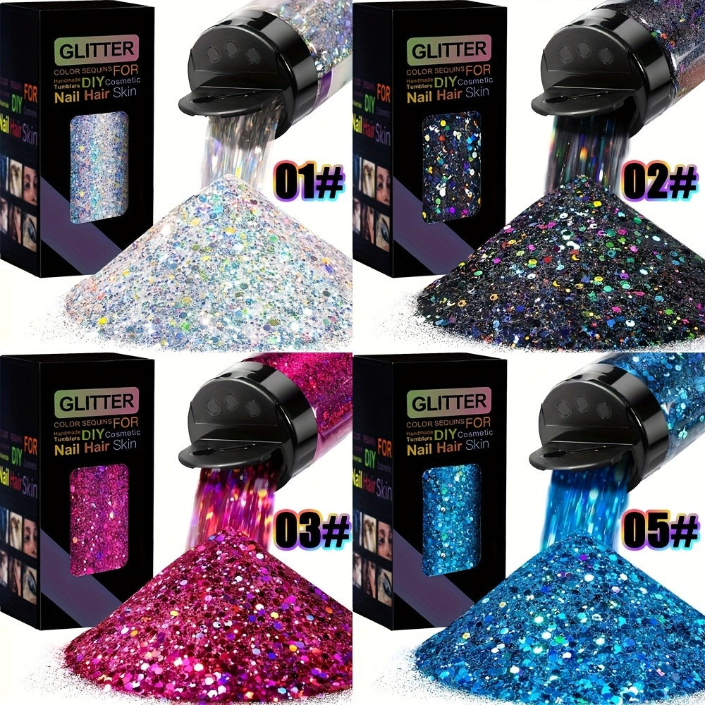 Holographic Chunky Glitter Set 4 Boxes 200g — Laser Diamond Metallic Hexagonal Flakes for Epoxy Resin, Tumblers, Scrapbooking, Nail Art & DIY Crafts, Mixed Colors