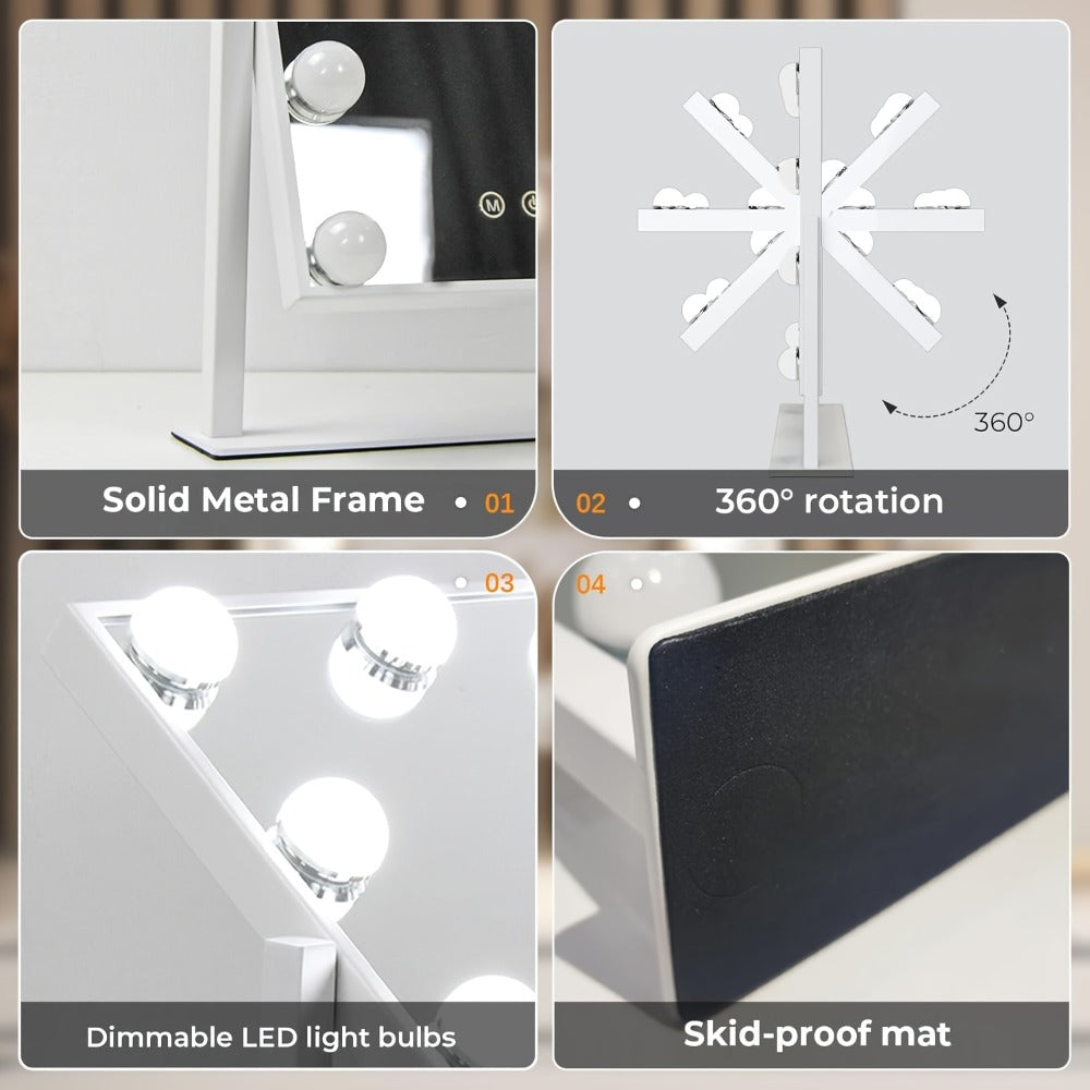 Lighted Makeup Mirror 5X Magnifying 9 LED Hollywood Vanity Mirror - 3 Color Lighting Modes, 360° Rotating, USB Powered Touch Control Tabletop Makeup Mirror for Women Desk Bedroom Gift