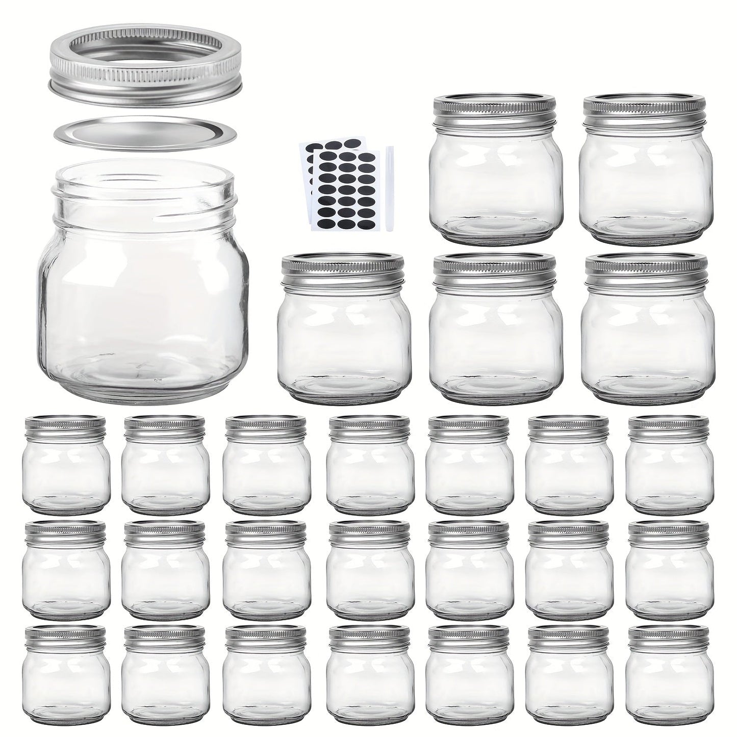 8 oz Glass Mason-Style Storage Jar Multipacks with 9, 18, 27 or 36 Jars and Four Lid Configurations